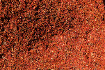 Red, yellow and orange spices in a pile in a farmers market