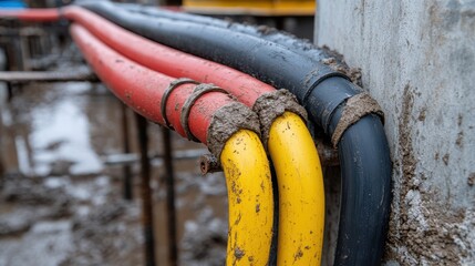 Vibrant red, yellow, and black cables snake through a muddy construction site, a testament to infrastructure in progress.