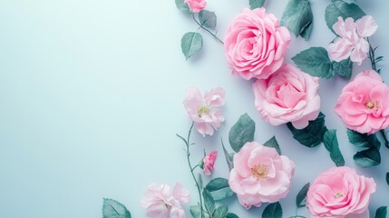 Fototapeta premium Delicate Pink Roses and Leaves Arrangement on Pastel Background