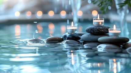 Serene Spa Setting: Candles and Stones in Tranquil Water