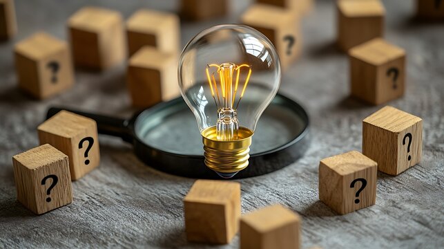 Light bulb icon under a magnifying glass and wood blocks