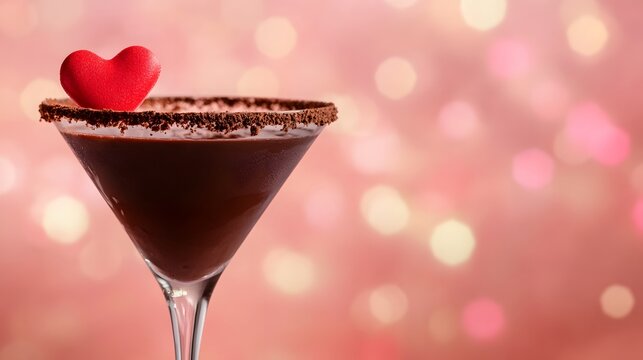 A romantic chocolate martini garnished with a red heart-shaped decoration, set against a soft pink background with bokeh lights.