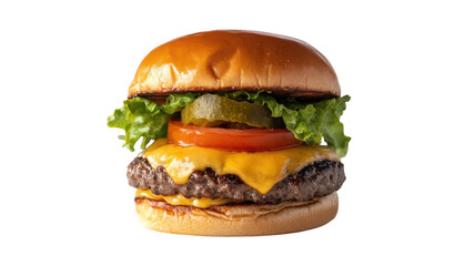 Delicious cheeseburger with lettuce, tomato, pickles, and melted cheese on a toasted bun, served fresh and ready to enjoy.