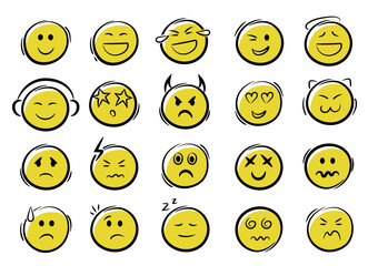 Doodle emoji face icons set. Sketch style hand drawn sketch emoji with different mood and emotion.