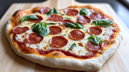 A delicious pepperoni pizza topped with fresh basil, served on a wooden board, showcasing its crispy crust and melted cheese.