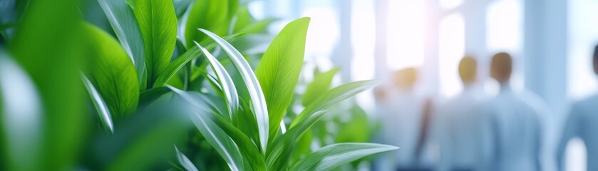 Obraz premium Business professionals collaborate amidst lush greenery in modern office space bright and inviting environment