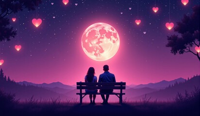 A couple sits on a bench under a glowing pink full moon, surrounded by heart-shaped lights in a dreamy, starlit mountain landscape.