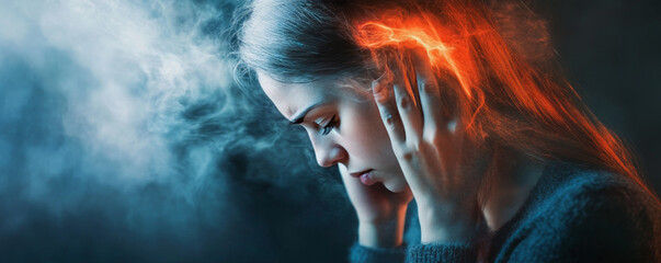 Obraz premium Woman Experiencing Intense Head Pain with Fiery Aura