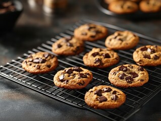 Freshly baked chocolate chip cookies cooling on a wire rack.