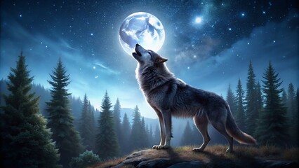 Majestic Gray Wolf Night Photography: Dark Forest Wildlife Images