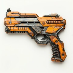 Fototapeta premium Orange and gray futuristic blaster lying on a white background, showcasing its intricate details and weathered appearance
