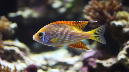 A photo of a tropical fish swimming in a brightly lit aquarium with coral.
