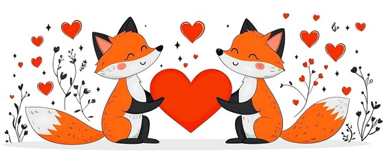 An endearing cartoon scene of two foxes sitting side by side, holding a large heart between them. Both foxes are fully visible, with fluffy tails and expressive eyes. The white background emphasizes 