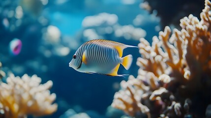 A photo of a tropical fish swimming in a brightly lit aquarium with coral.