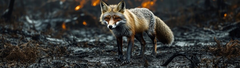 Naklejka premium Fox in burned forest wildlife photography post-wildfire environment close-up perspective survival story