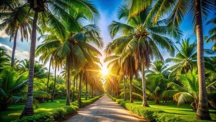 Obraz premium Sunlit Palm Tree Avenue: Tropical Pathway Photography, Vibrant Sunlight, Blue Sky, Paradise, Vacation, Holiday, Palm Trees, Nature, Landscape