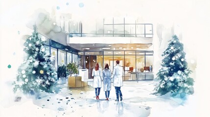 A Watercolor Painting of Medical Professionals in a Winter Wonderland