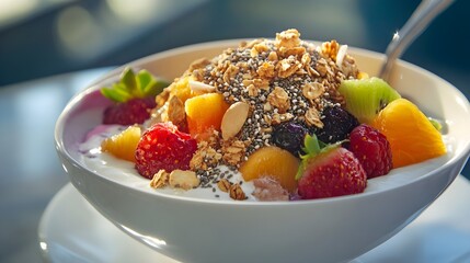 A photo of a vibrant smoothie bowl topped with granola, fresh fruit, and chia seeds