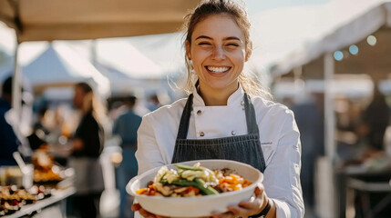 Smiling Female Chef Handing Food to a Customer Outdoors