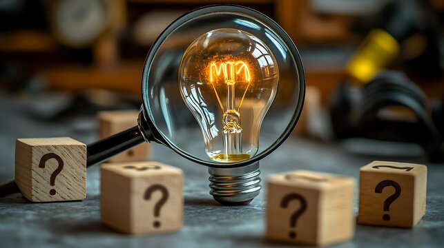 Light bulb icon under a magnifying glass and wood blocks