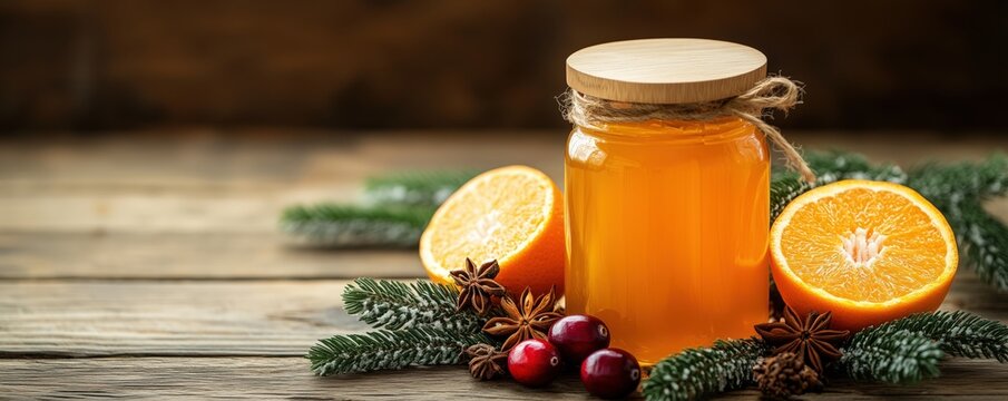 Orange holiday drink with festive decor, promoting joy and celebration