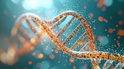 An intricate 3D illustration featuring a digital representation of a DNA molecule structure, incorporating binary code and modified genes