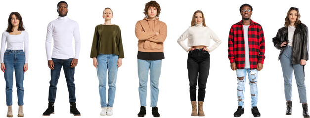 Group of different, multiethnic people, men and women isolated on transparent background. Models in...