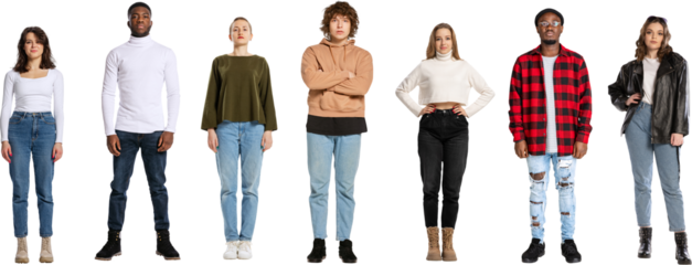 Group of different, multiethnic people, men and women isolated on transparent background. Models in casual and business style clothes. Concept of youth, fashion, lifestyle, equality
