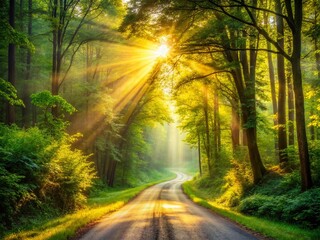 Obraz premium Sunny Country Forest Road, Morning Sunlight, Scenic Drive, Nature Photography, Rural Landscape