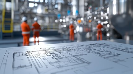 Industrial blueprint analysis manufacturing plant technical document engineering environment close-up view process efficiency