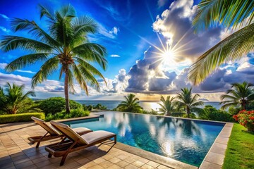 Fototapeta premium Sunny Poolside Paradise: Palm Tree, Lounge Chair, Blue Sky, Clouds - Summer Vacation Relaxation