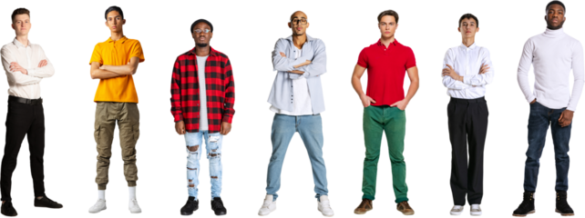 Set of different, multiethnic men, wearing casual and formal clothes, with serious expressions isolated on transparent background. Concept of lifestyle, fashion, diversity, human rights