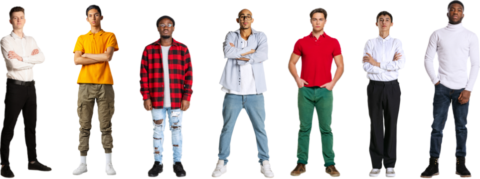 Set of different, multiethnic men, wearing casual and formal clothes, with serious expressions isolated on transparent background. Concept of lifestyle, fashion, diversity, human rights
