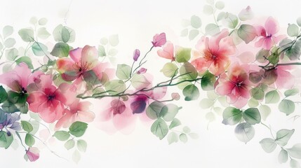 Watercolor Blossom Branch: Delicate Pink and Green Floral Artwork