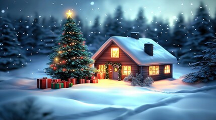 Fototapeta premium Cozy Christmas Cabin in a Snowy Winter Wonderland