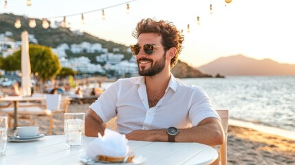 A bearded man in sunglasses and a white shirt sitting at an outdoor beachside café, enjoying a sunny day with a relaxed smile.
