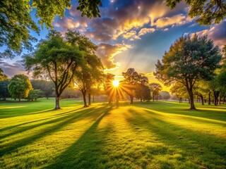 Obraz premium Sunrise Park Photography: Green Lawn, Golden Hour, Low Light, Nature, Landscape