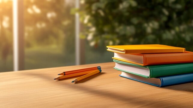 Colorful Stack of Books on Wooden Table. Generative AI