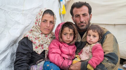 Family resilience amidst conflict refugee camp candid portrait harsh conditions emotional connection survival spirit