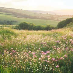 Fototapeta premium A photo of a tranquil meadow covered in wildflowers, with rolling green hills and a soft pastel sky in the background. 