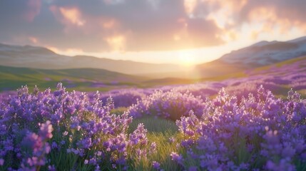 Obraz premium Sunset Serenity: Lavender Fields and Majestic Mountains