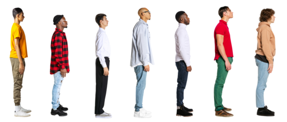 Side view of young men in different casual style clothes standing in front of each isolated on transparent background. Banner. Concept of lifestyle, fashion, diversity, human rights