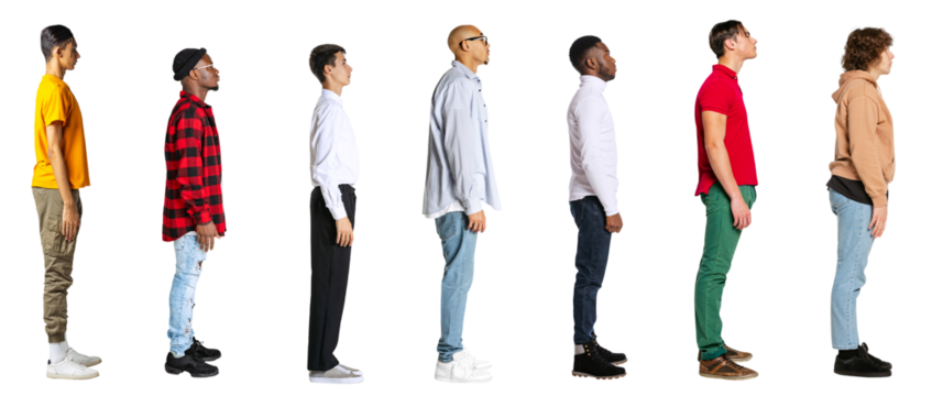 Side view of young men in different casual style clothes standing in front of each isolated on transparent background. Banner. Concept of lifestyle, fashion, diversity, human rights