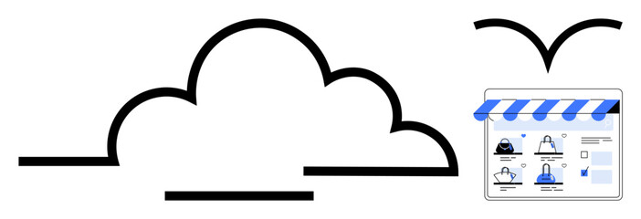 Cloud outline and flying bird next to digital storefront interface, combining nature and technology. Ideal for e-commerce, online business, digital services, cloud computing, technology, web design