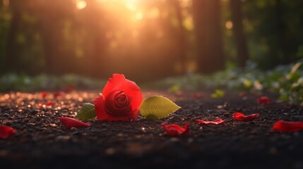 Pathway of Passion: A Single Rose Amidst the Forest. Generative AI