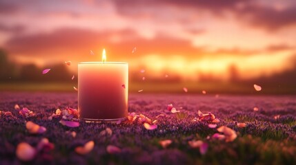 Candle in Lavender Field at Dusk. Generative AI