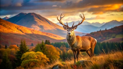 Fototapeta premium Majestic Scottish Red Deer Stag, Highland Wildlife Photography, Autumnal Red Deer, Scotland Nature