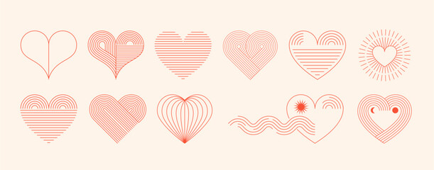 Bohemian Valentines day abstract linear art hearts. Minimalist geometric Valentines heart symbols, elements. Love, wedding, valentines concept illustration