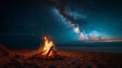 Campfire under the stars cosmic night sky beach photography serene environment wide angle nature's beauty