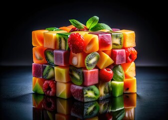 Exploding with color, this AI-generated fruit cube art reimagines still life photography.